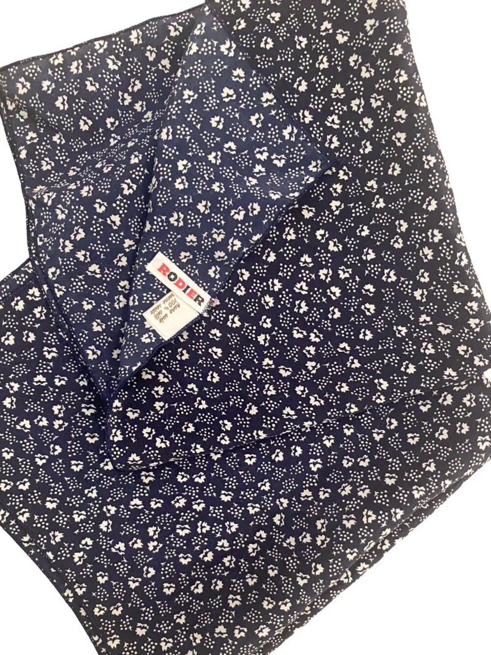 Vintage Rodier Navy Blue Floral Silk Scarf + Matching Neckerchief Pocket Square